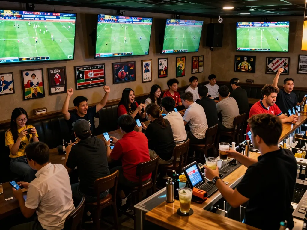 Tỷ lệ kèo nhà cái 5 actively being analyzed by enthusiastic fans in a crowded sports bar.