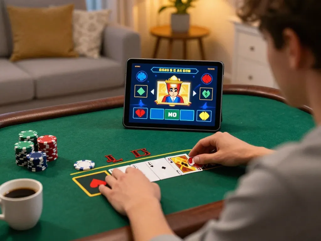 Player strategically betting on 9BET live dealer blackjack at home, creating an engaging online gaming atmosphere