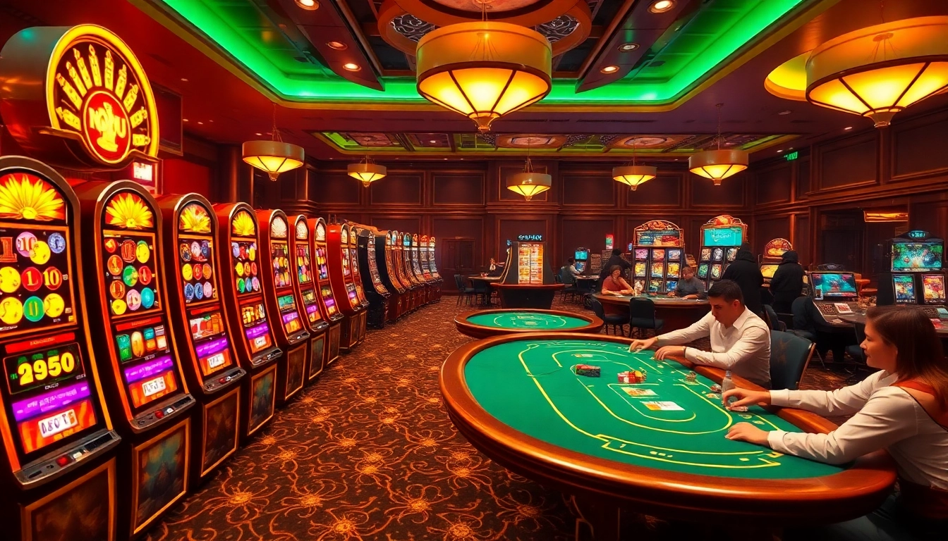 Engaging NOHU online casino scene with vibrant slot machines and poker tables.