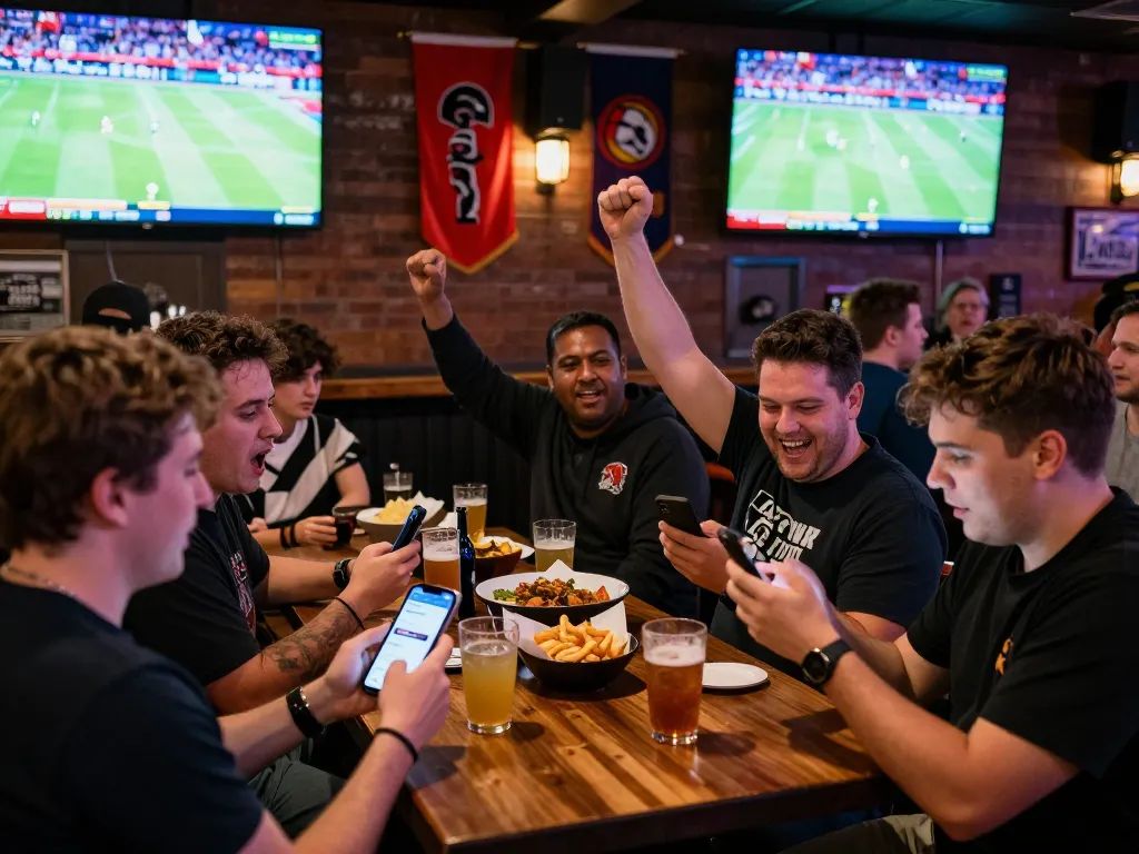 cm88 sports fans cheering while strategically betting on live games at a lively bar