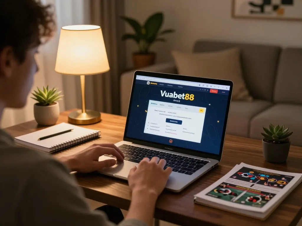Accessing Vuabet88 đăng nhập on a laptop in a warm living room, showcasing responsible gaming.