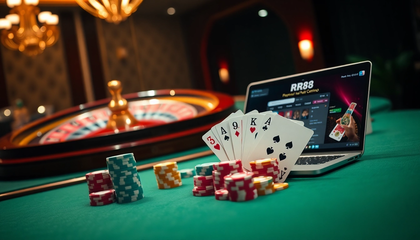 RR88 online casino scene with luxurious poker chips and a roulette wheel evoking excitement.