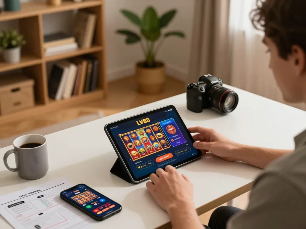 Gamer enjoying LV88 online casino on a tablet, showcasing engaging game interface in a cozy setup.