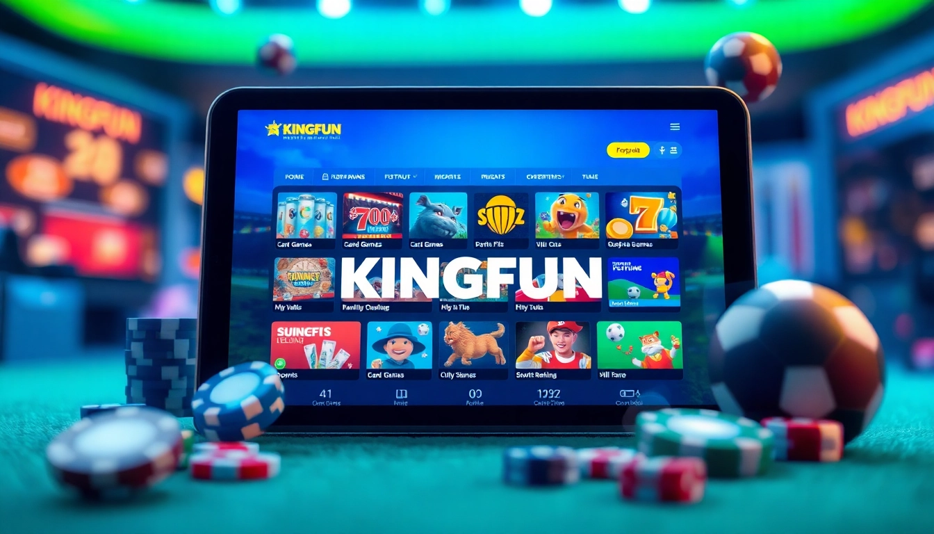 KINGFUN online gaming interface showcasing vibrant card games, slots, and sports betting options.