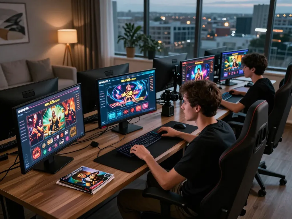 Player engaging with nk88.com online casino interface, showcasing strategy in a professional gaming setup