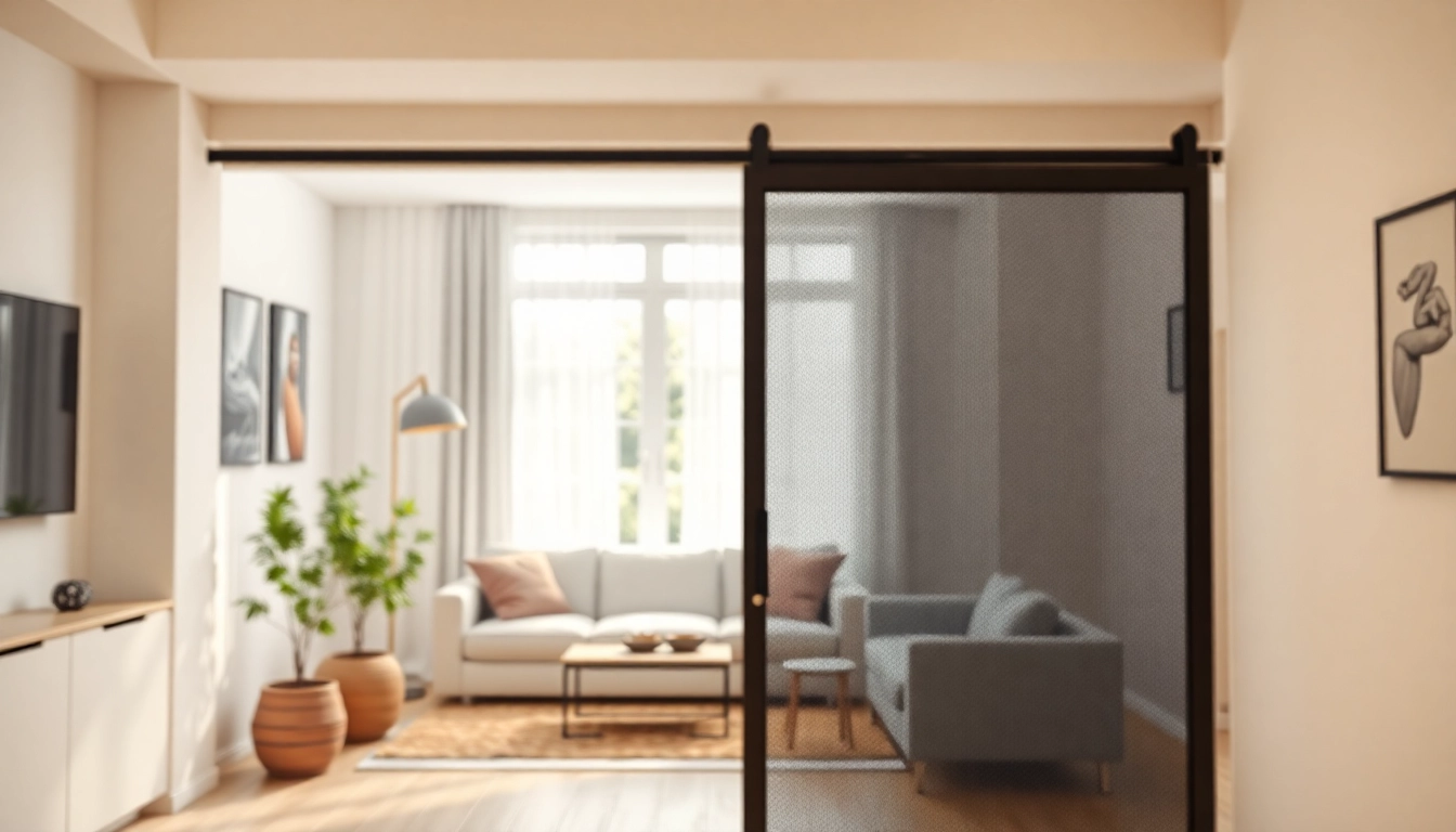 Bekijk een horren schuifdeur met elegante lijnen en natuurlijk licht in een moderne woonkamer.