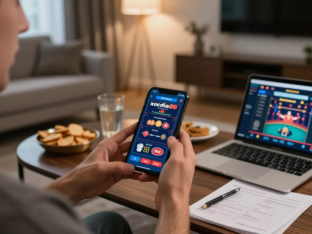 xocdia88 app interface displayed on smartphone during a lively home gaming session with snacks.