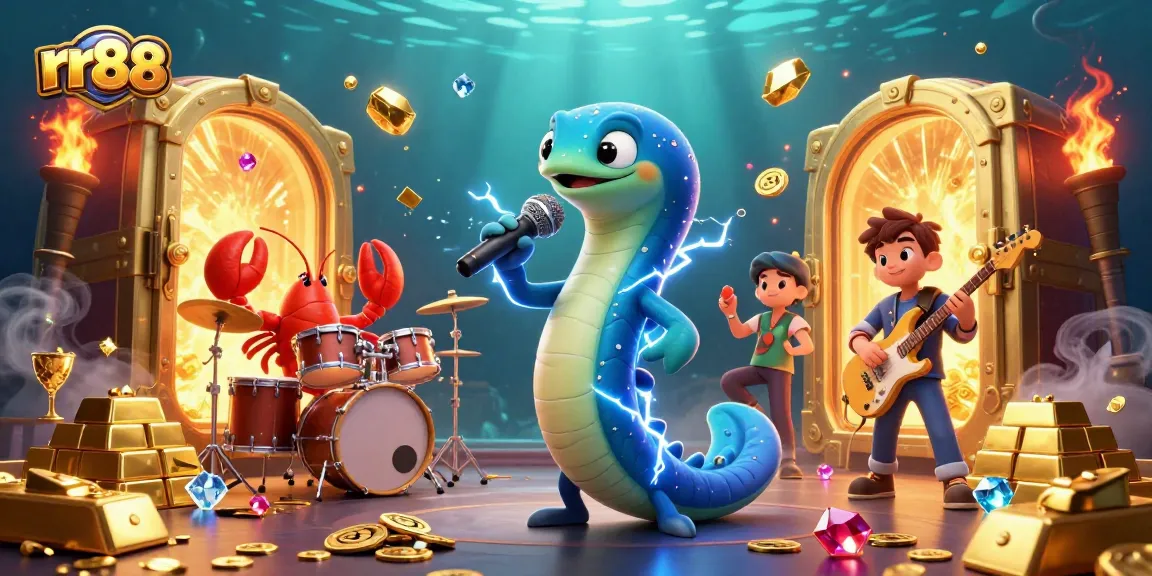 rr88 showcases an electric eel DJ performing in an underwater casino scene full of golden treasures.