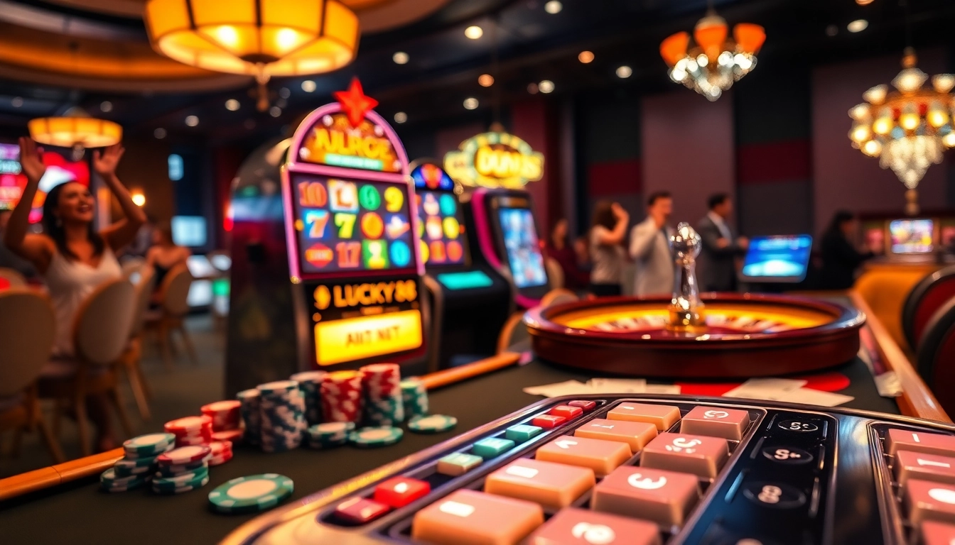 Experience the thrill of LUCKY88 slot machine gameplay in a vibrant casino atmosphere.