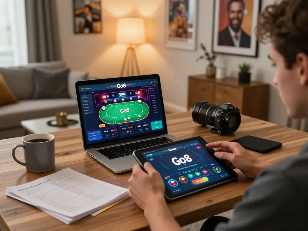Person exploring Go8 gaming app on tablet in a stylish home office environment.