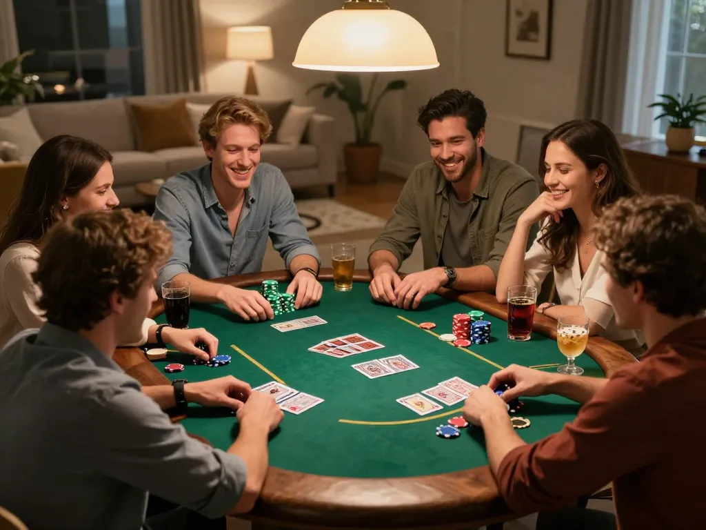 Friends enjoying a poker night at home with vu88, showcasing strategic gameplay and camaraderie.