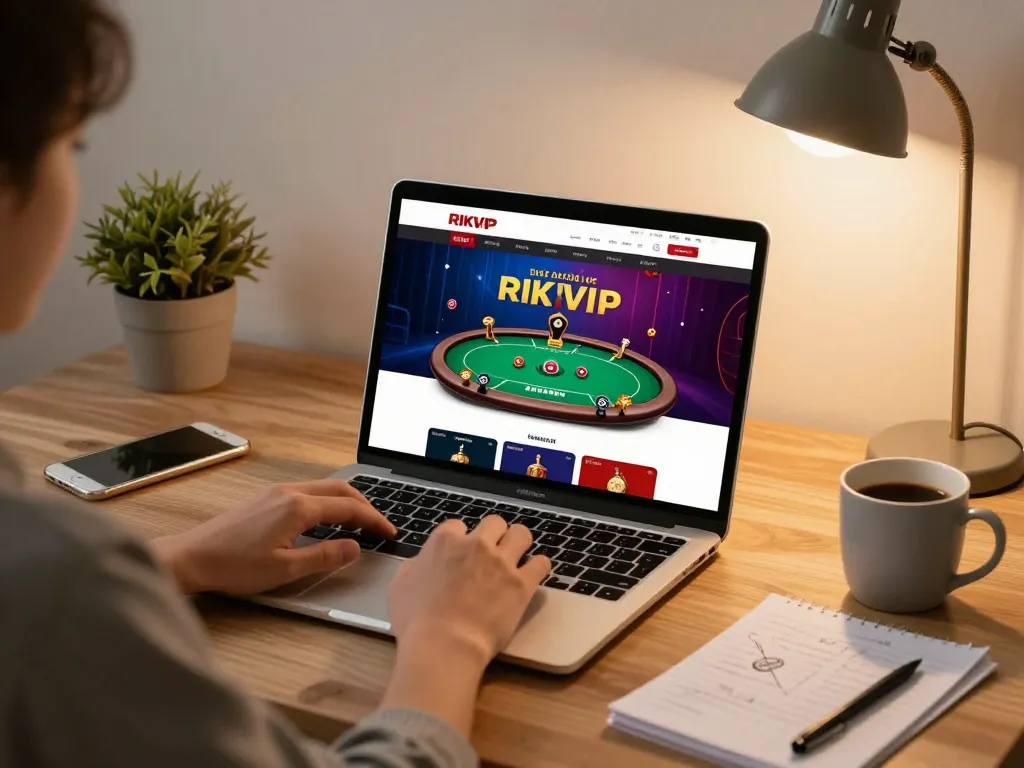 Player engaging with RIKVIP's poker interface at home, with strategy notes and a warm ambiance