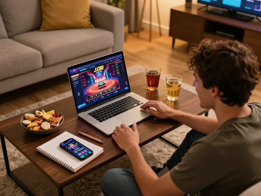 Engaged player enjoying LC88 online casino experience in a cozy living room with vibrant gaming graphics.