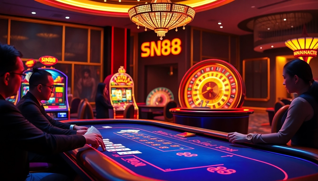 SIN88 players enjoying high-stakes baccarat and exciting slot machines in a luxurious casino.
