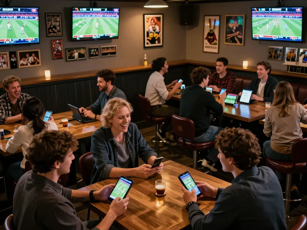 Bettori stressati che strategizzano presso bookmaker non AAMS sicuri in un vivace bar sportivo