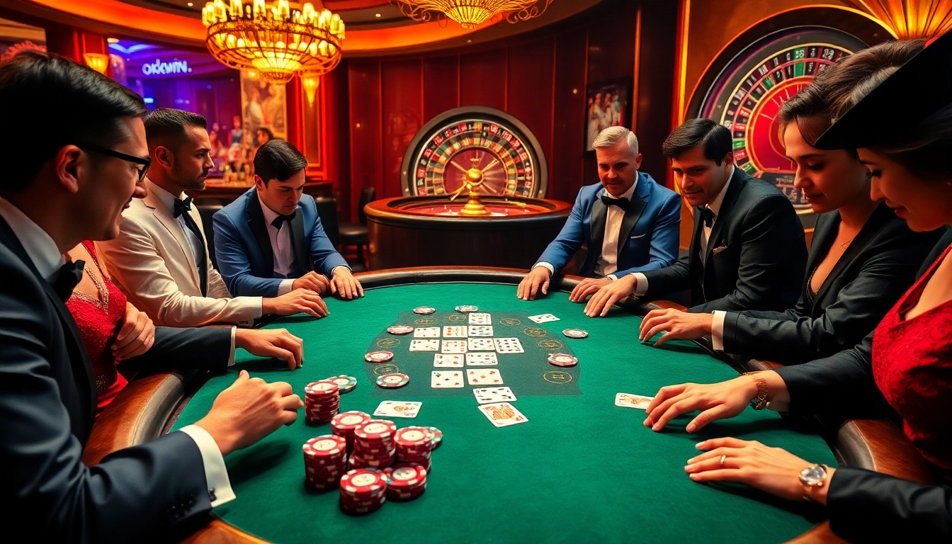 Experience the thrill of high-stakes poker with okwin at a luxurious casino table.