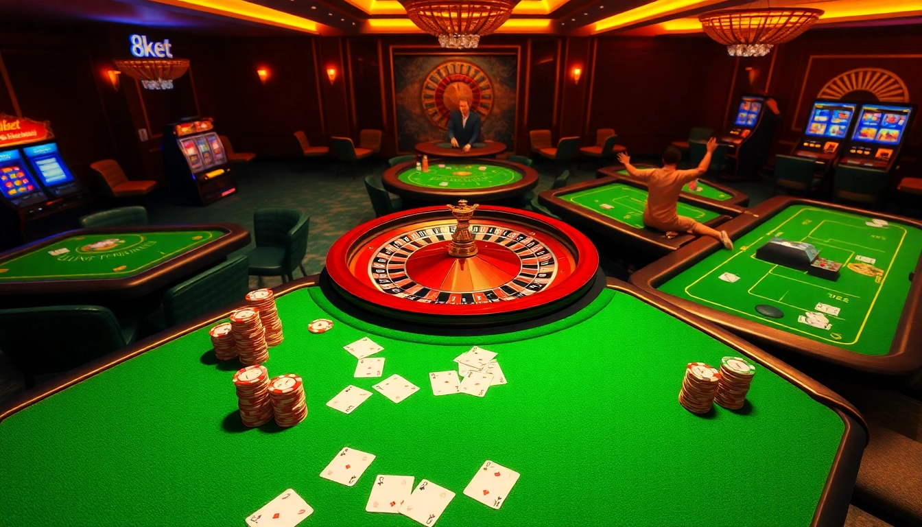 Experience the excitement of 8kbet with vibrant casino tables, poker chips, and roulette.