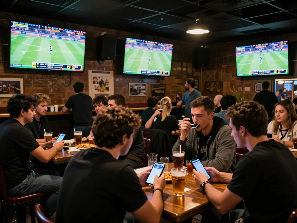 Betting strategies in a lively sports bar setting at ok365 with bettors engaged in excitement