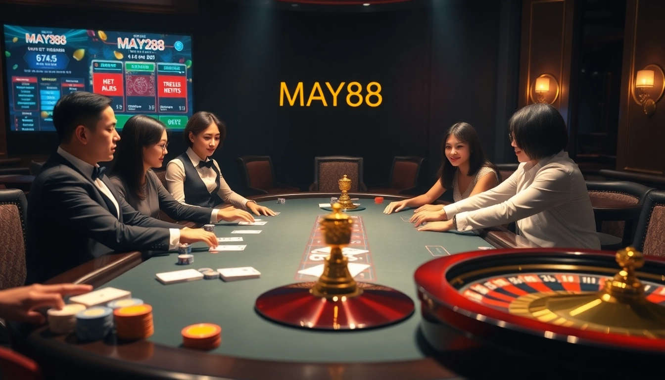 MAY88 features an exquisite poker game with vibrant chips and a glowing roulette wheel in a luxurious casino setting.