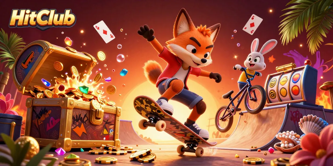HitClub showcases casino energy with a dynamic skateboarder fox and BMX rabbit in a vibrant illustration.