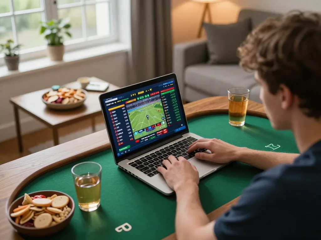 Player at home placing sports bets with TIP88 on laptop in cozy setting