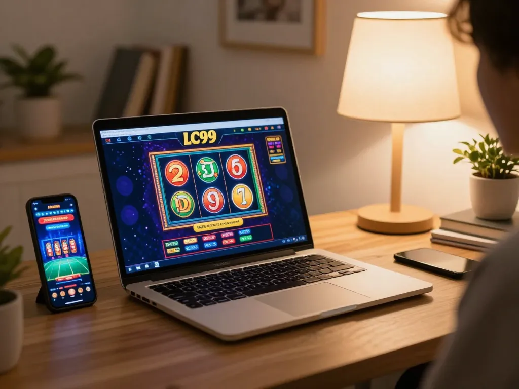 Engaging online gaming session on LC99 platform with vibrant slot graphics and smartphone