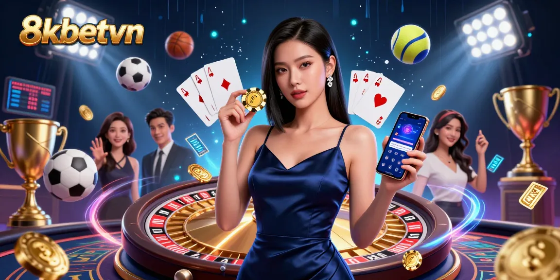 Betting excitement at 8kbetvn with a stunning Asian woman showcasing casino app features and vibrant game elements.
