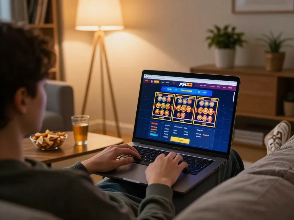 A player enjoys engaging slot games on ph22 from a cozy home setup, highlighting online casino excitement.