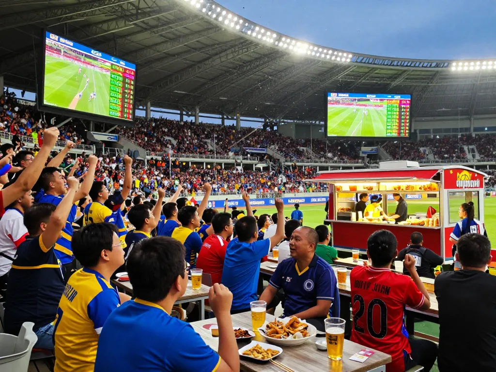 Fans celebrating with tỷ lệ kèo bóng đá displays during a thrilling football match in the stadium.