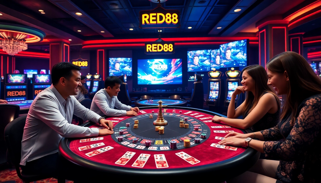 Experience the thrill at RED88 casino with players engaged in vibrant games and exciting betting.