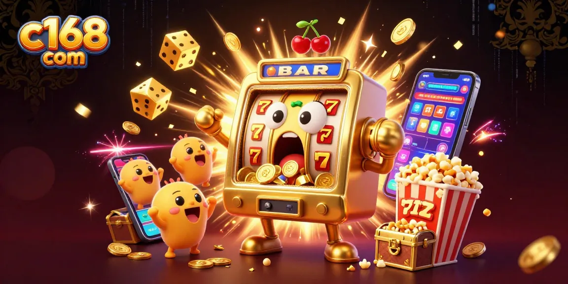 C168 com slots celebrate a jackpot explosion, showcasing animated slot machines and casino excitement.