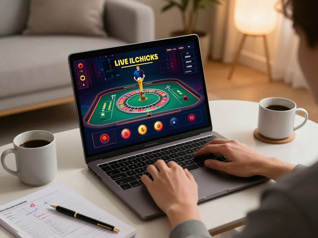 Engaging live dealer game on a laptop showcasing 78win in a cozy gaming setup