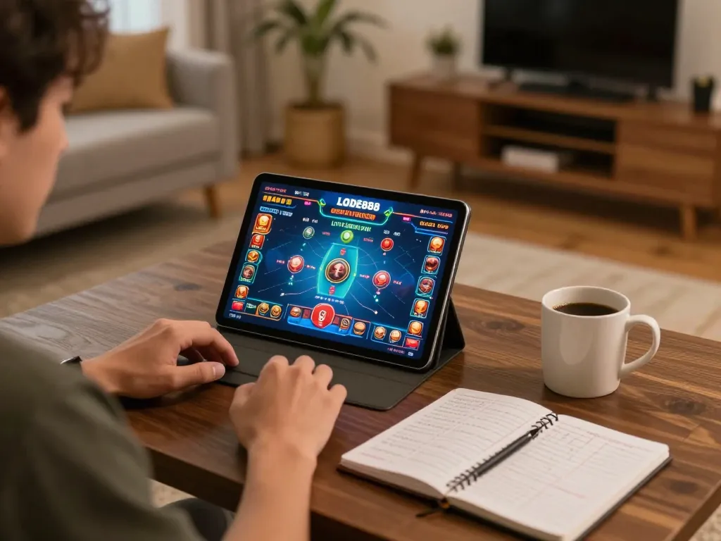 Player enjoying LODE88 online gaming on a tablet while analyzing betting strategies and enjoying a cozy atmosphere