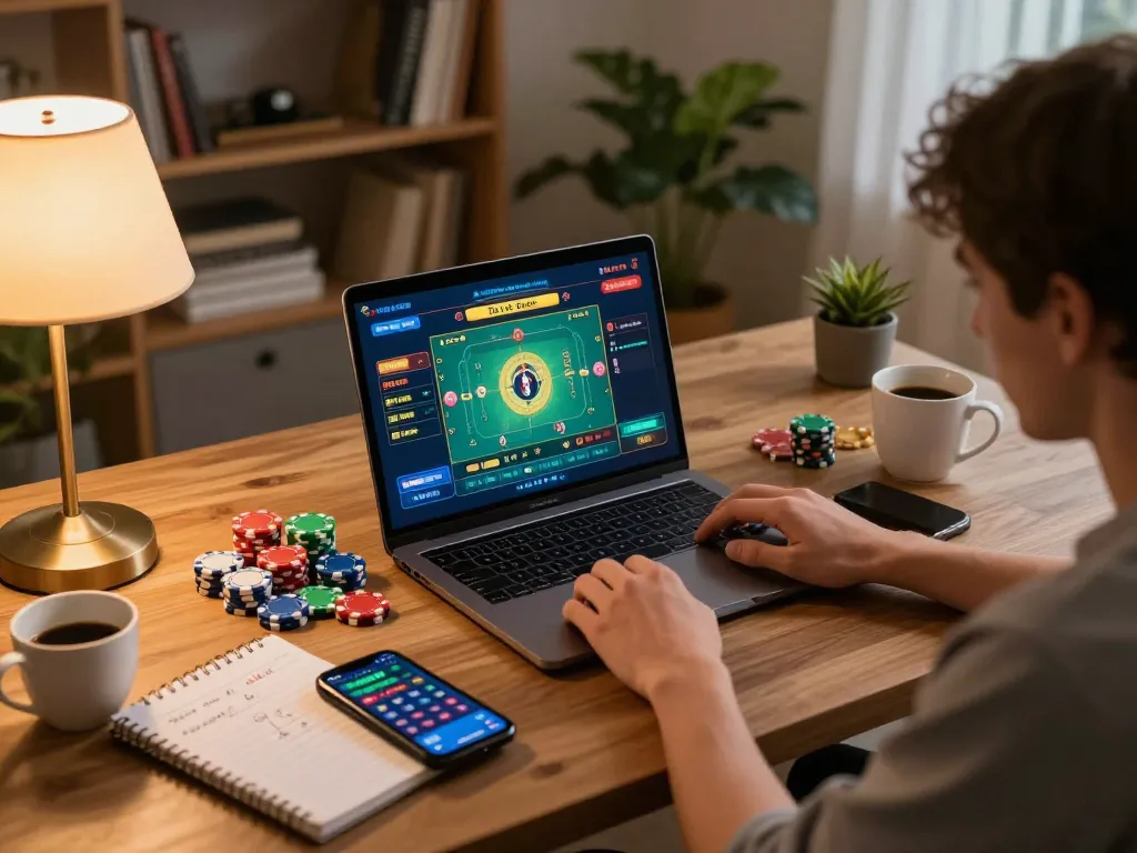 Tài xỉu Online gameplay on a laptop showing betting strategies in a cozy home setup.