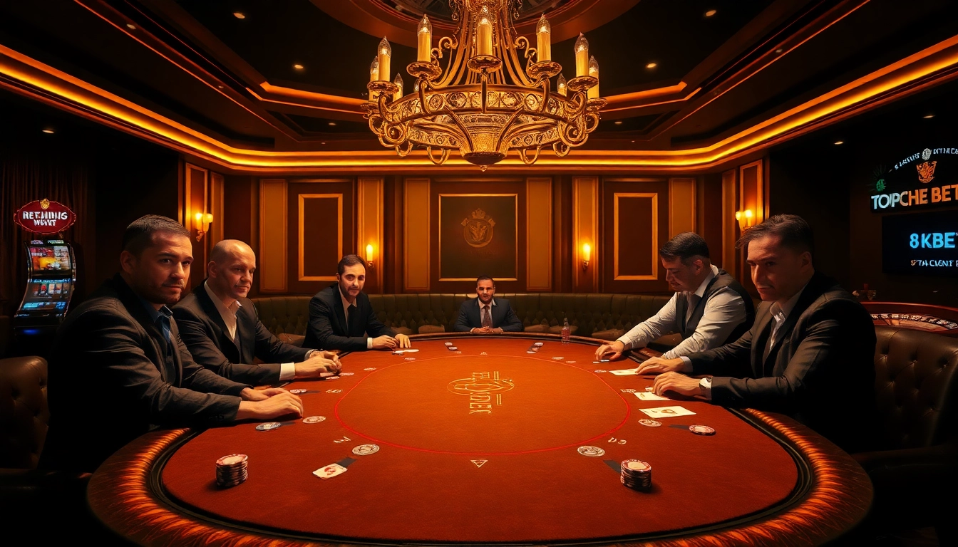 Experience high-stakes poker at 8kbet's luxurious casino table with chips and cards.