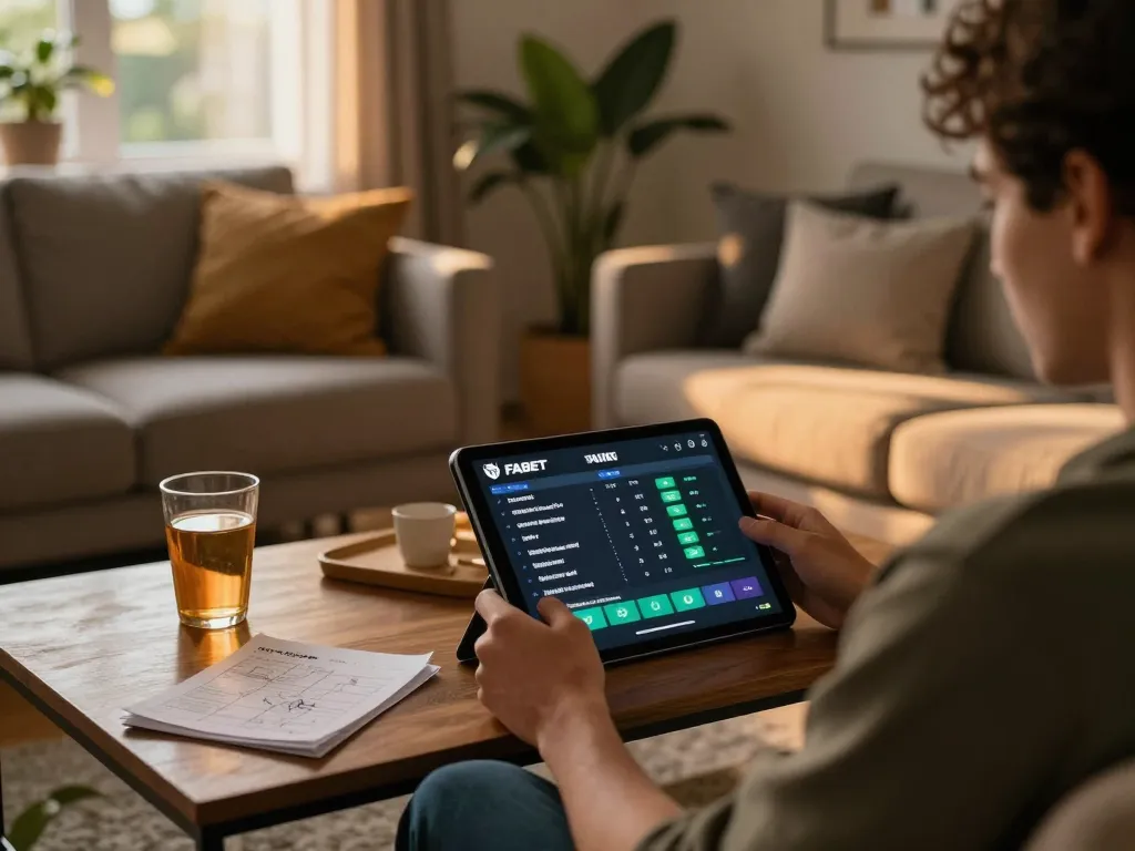 Engaging gameplay on FABET's platform with a user on a tablet in a cozy home environment