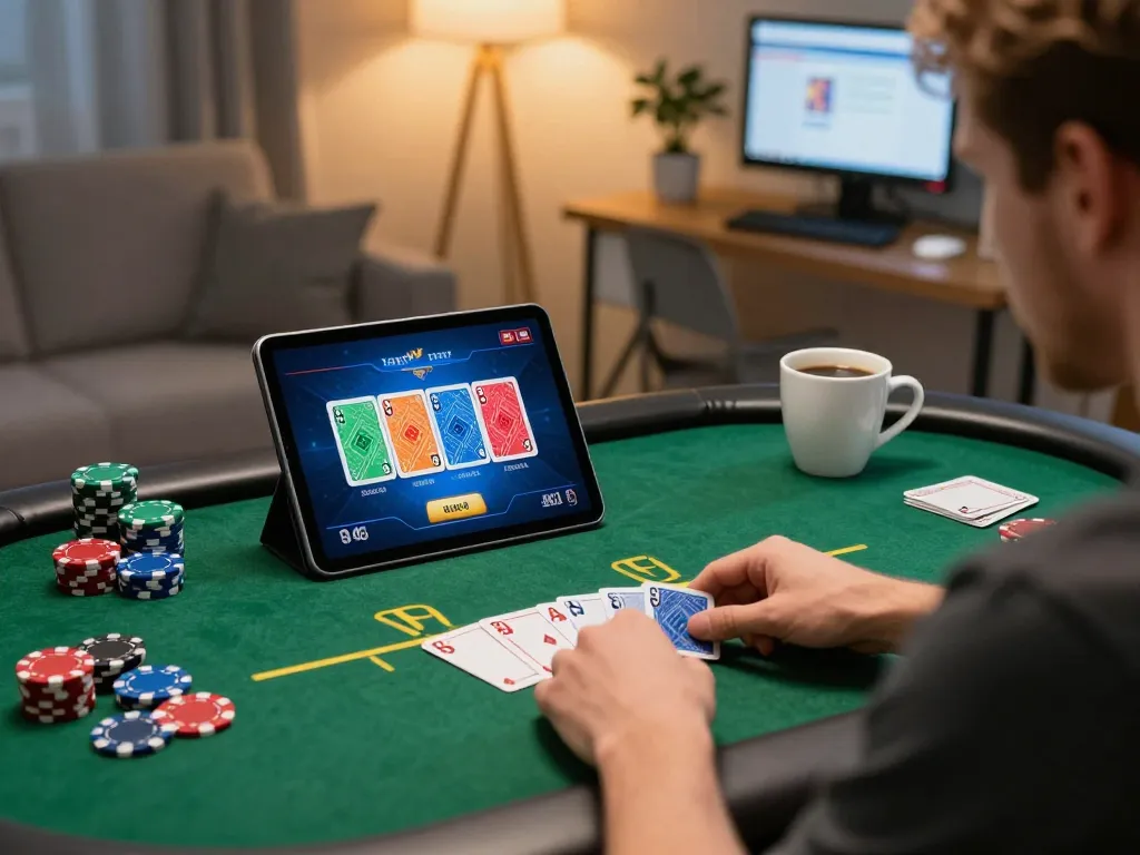 VIN88 player enjoying an online poker game on tablet in a stylish home office setting.