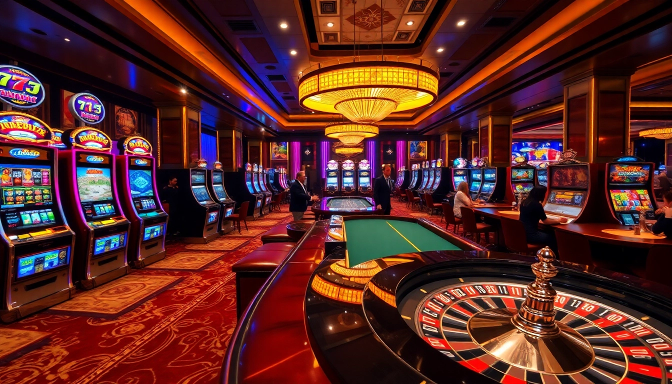 Experience the excitement of gambling at 9PH with vibrant slot machines and a lively poker table.