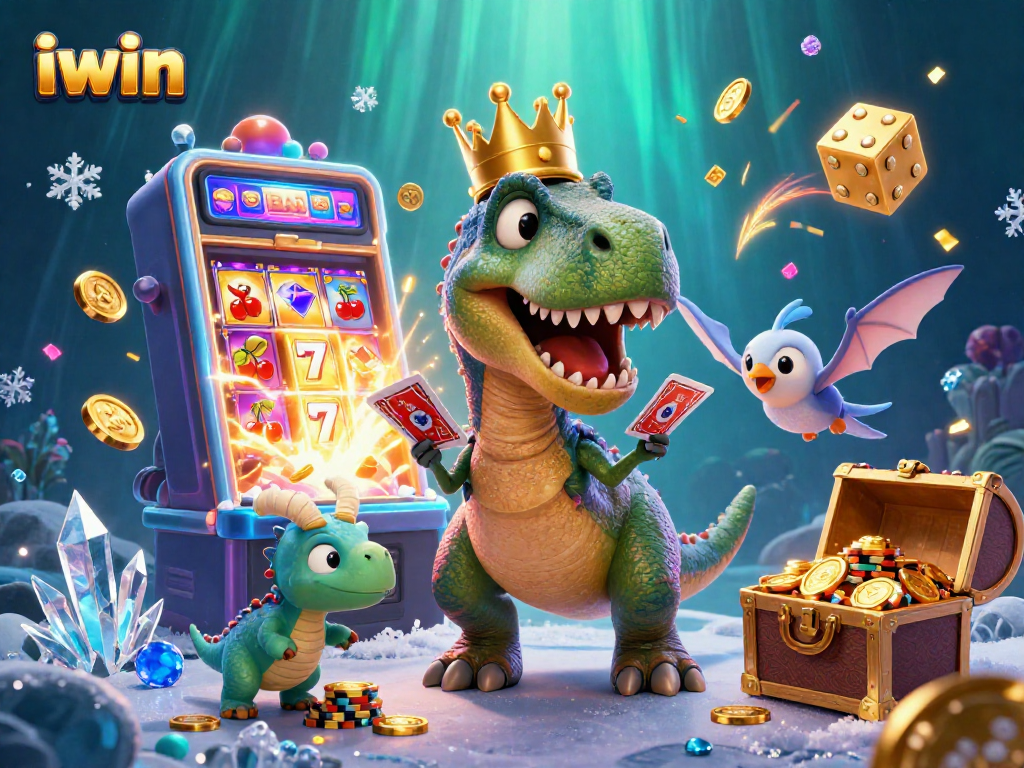 Engage in action at iwin with a T-Rex shuffling cards and friends surrounded by casino elements.