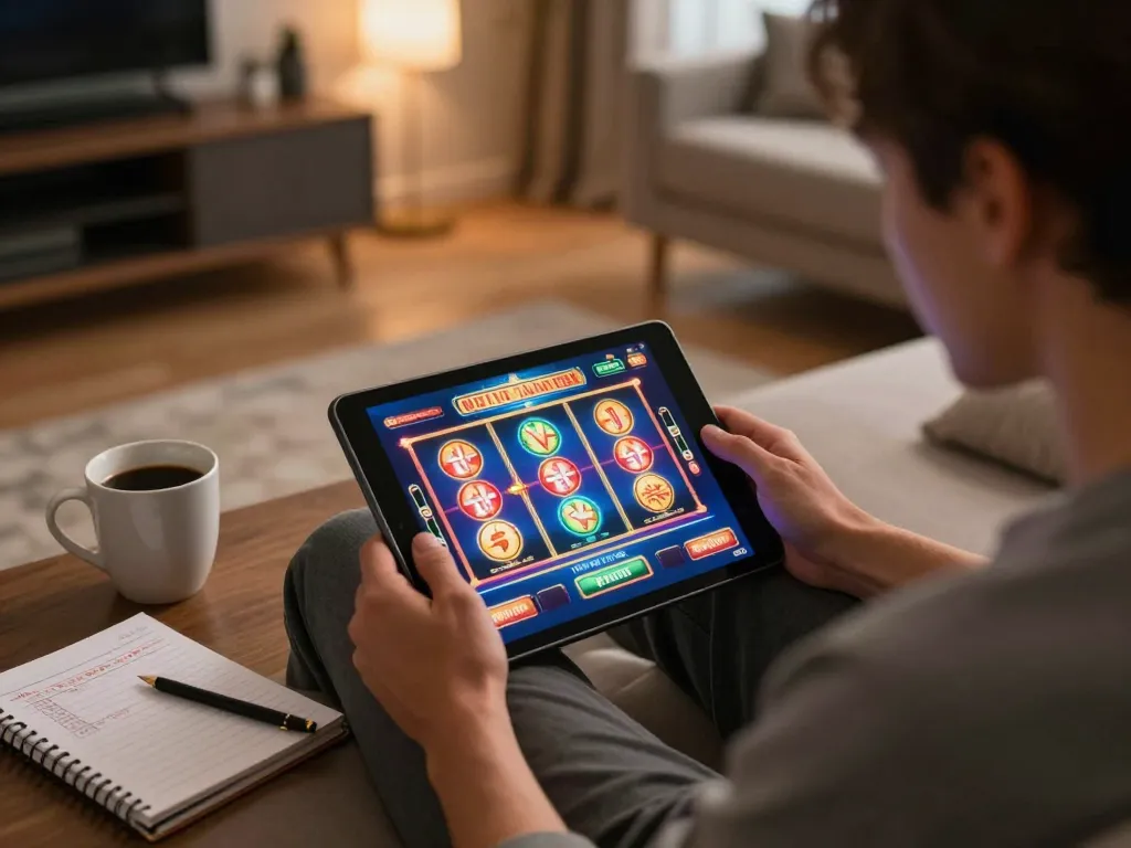 Engaging in vibrant online gaming at https://ta88at.com/ with colorful slots and strategic betting notes nearby.
