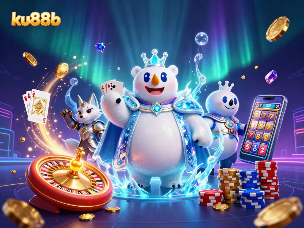 ku88b showcases thrilling gaming energy with a dazzling casino scene featuring vibrant characters and sparkling elements.