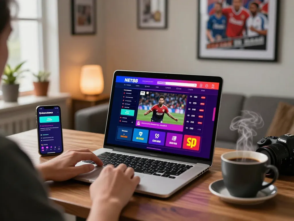 Person enjoying sports betting with NET88 displayed on a laptop in a cozy home office.
