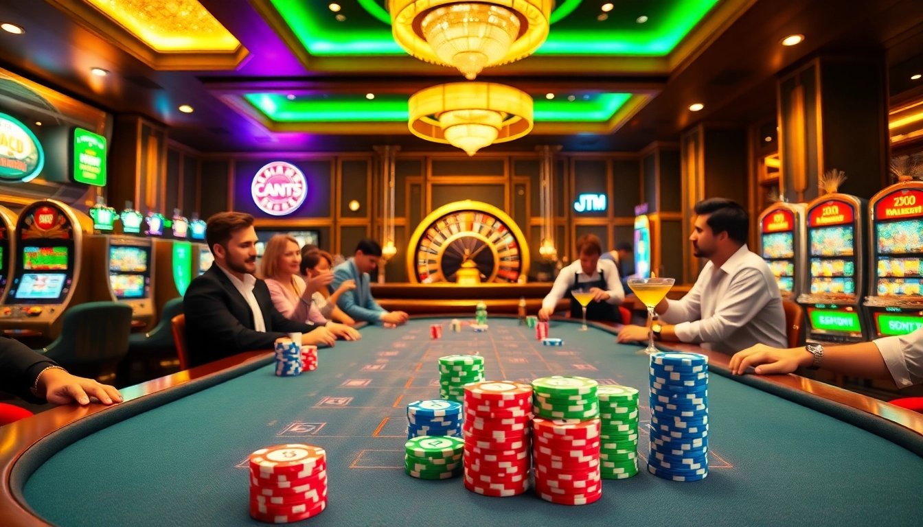 Engaging casino scene showcasing lively gameplay at a 7m poker table with vibrant atmosphere.