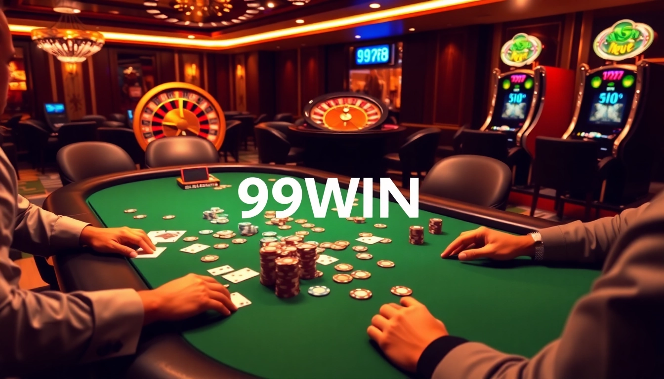 Engaged players at a 99WIN poker table surrounded by luxurious casino elements.