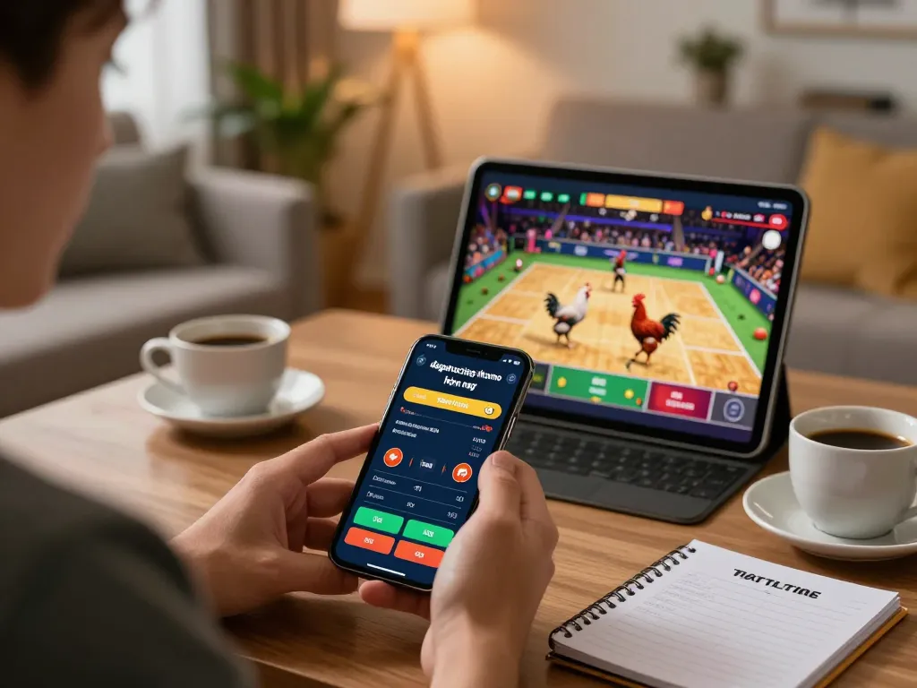 Engaging online betting scene featuring dagatructiep thomo hôm nay with a player using smartphone for live chicken fights.