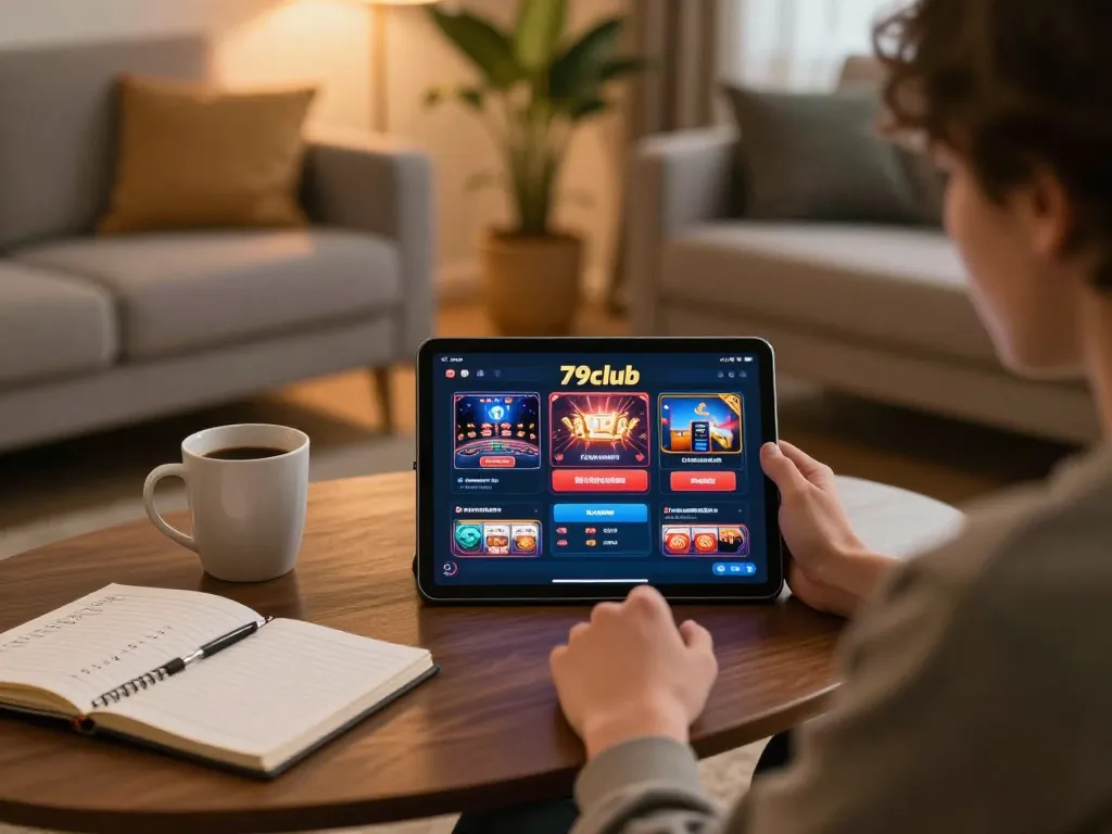A player engages with 79club on a tablet, highlighting home gaming and strategy.