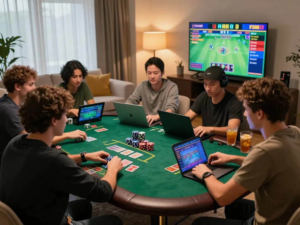 Engaging online gambling scene at https://luck8g.net, showcasing players in a vibrant living room environment with poker chips and laptops.