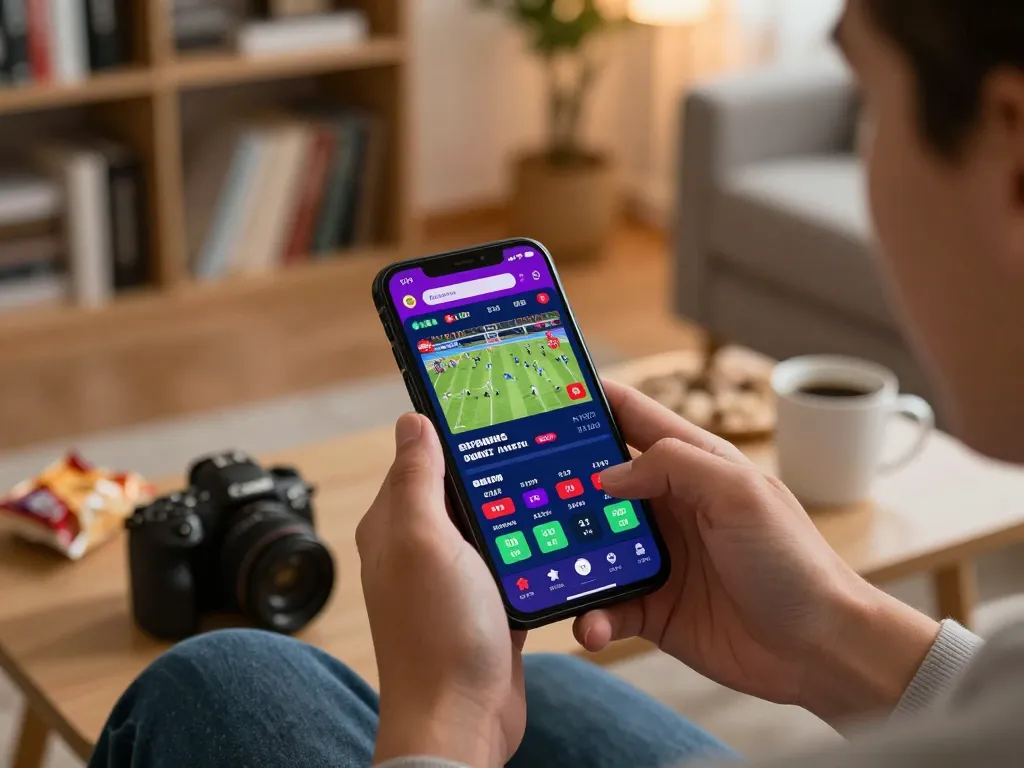 Engaging user betting on sports through the Website Five88 app in a cozy home setting.