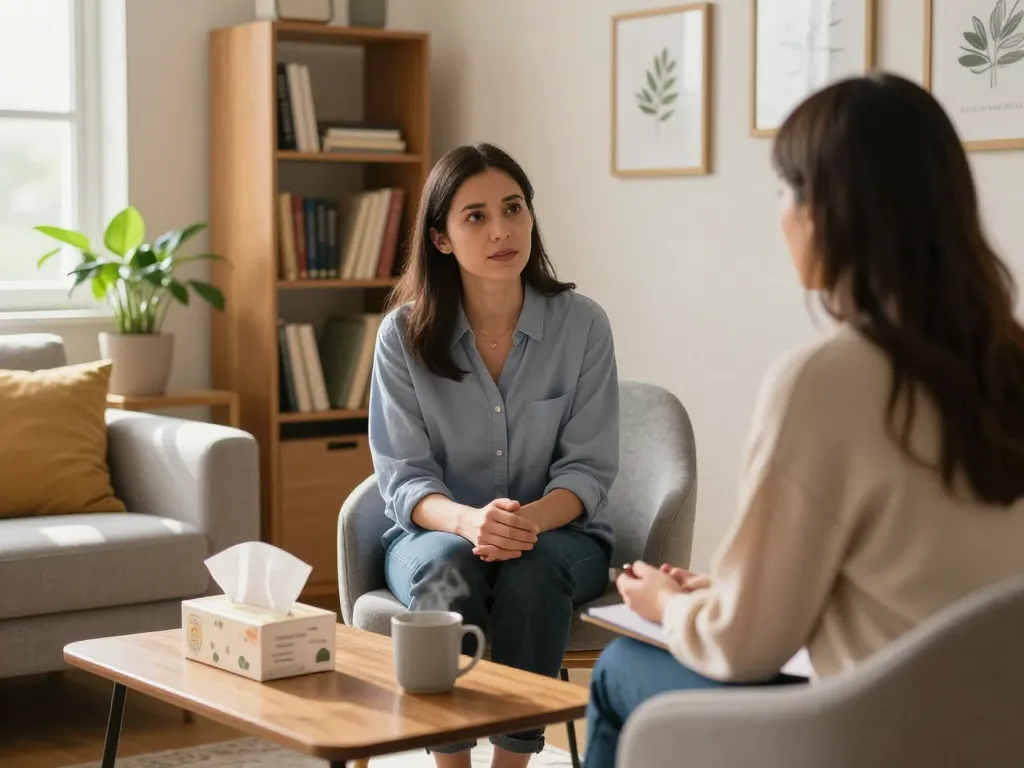 Bevorderende therapiesessie bij Emendare GGZ die openheid en genezing bevordert in een warme omgeving.