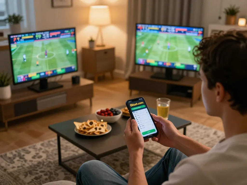 Betting enthusiast engaged with 8kbet.com app during live sports events in a stylish home setting